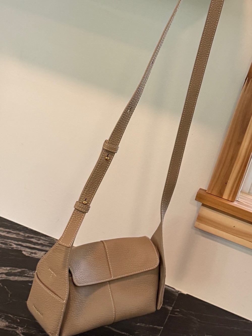 Songmont Taupe Crossbody Bag - Minimal Pebbled Leather Shoulder Bag
